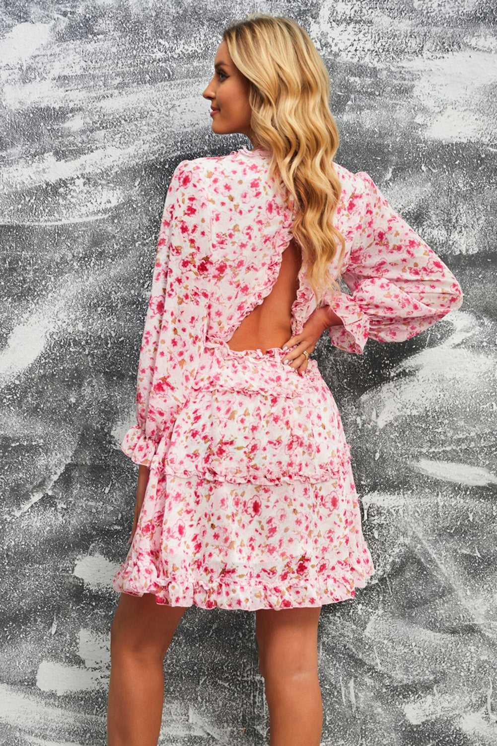 Floral Frill Trim Plunge Flounce Sleeve Dress