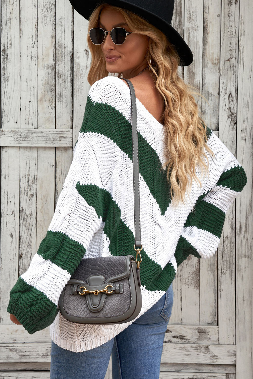 Chevron Cable-Knit V-Neck Tunic Sweater