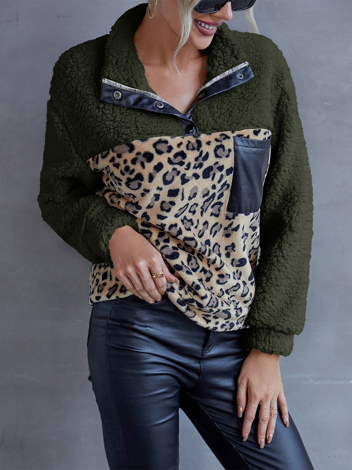 Leopard Quarter-Snap Teddy Sweatshirt