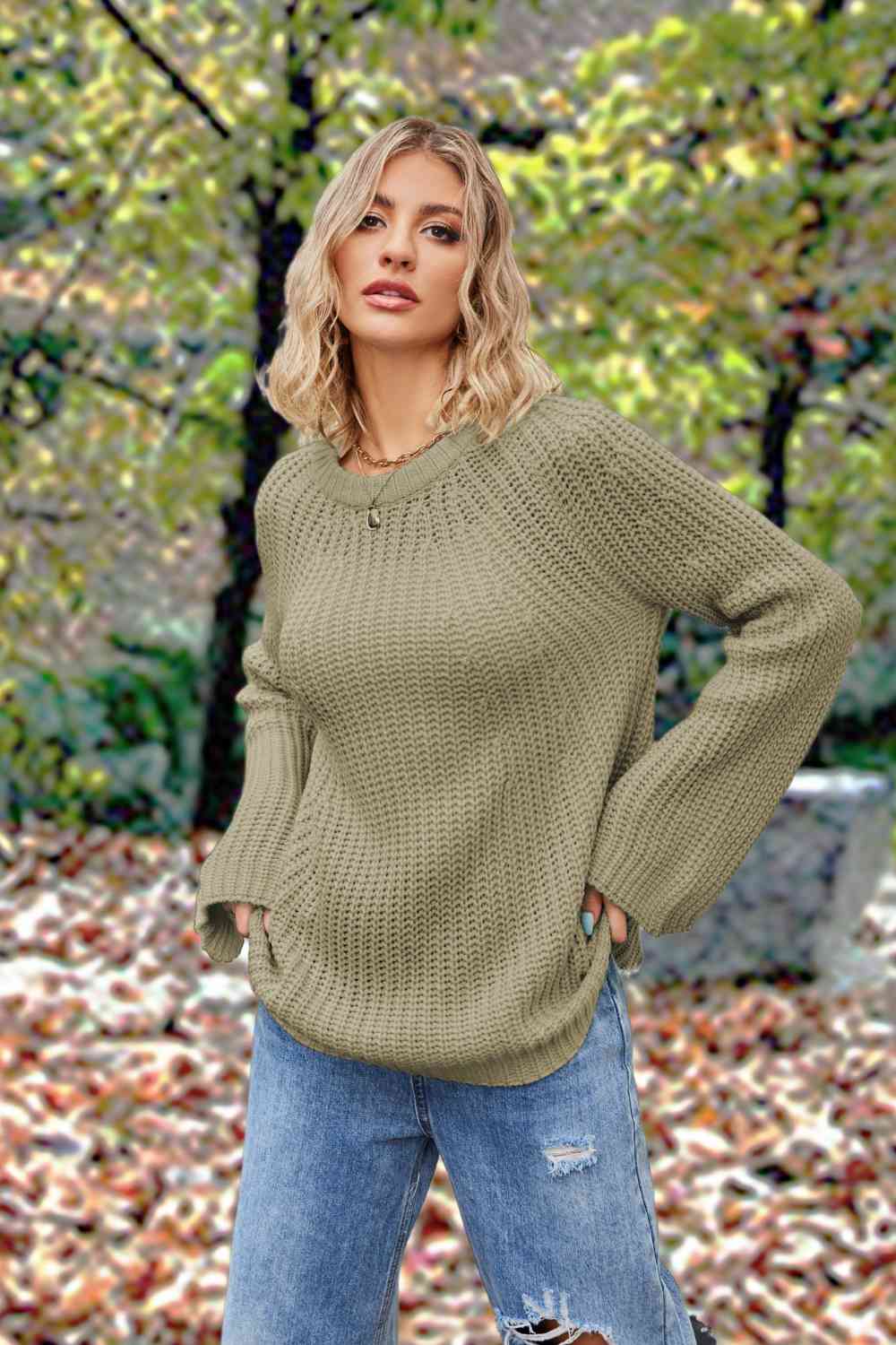 Openwork Round Neck Long Sleeve Sweater