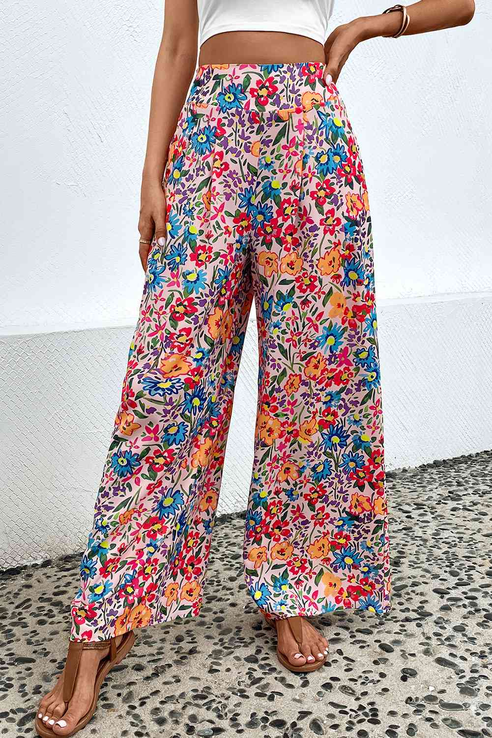 Floral Print Wide Leg Long Pants