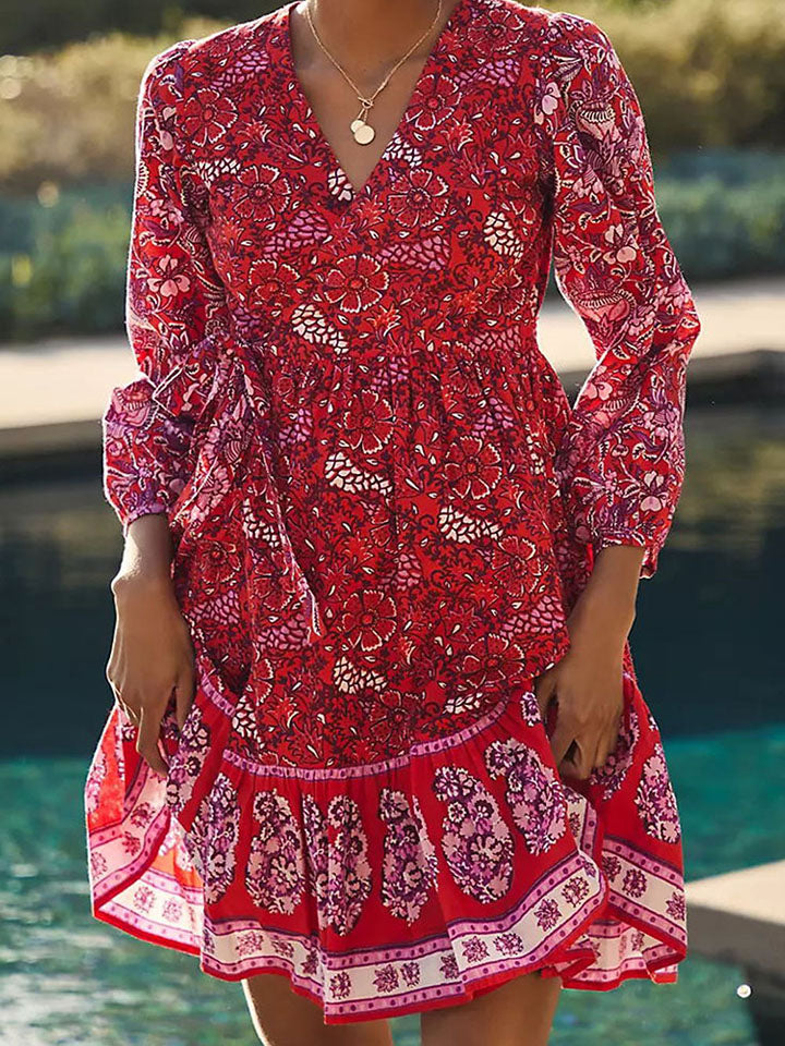 Printed V-Neck Long Sleeve Mini Dress