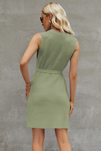 Tied Round Neck Sleeveless Sweater Dress