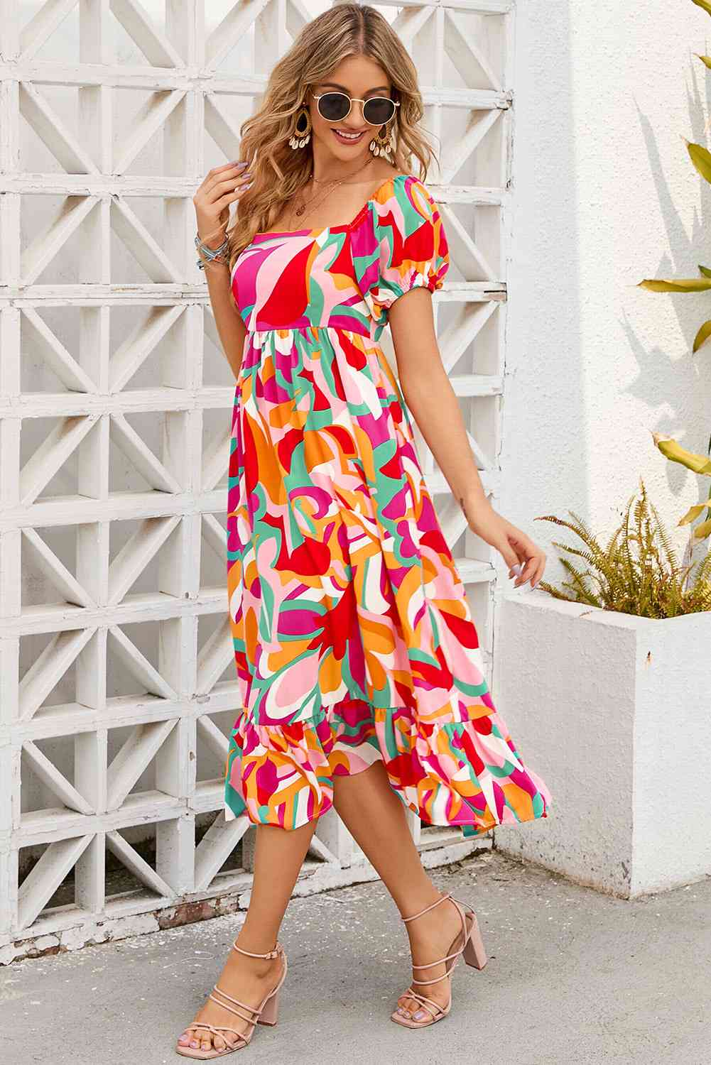 Printed Square Neck Short Sleeve Dress