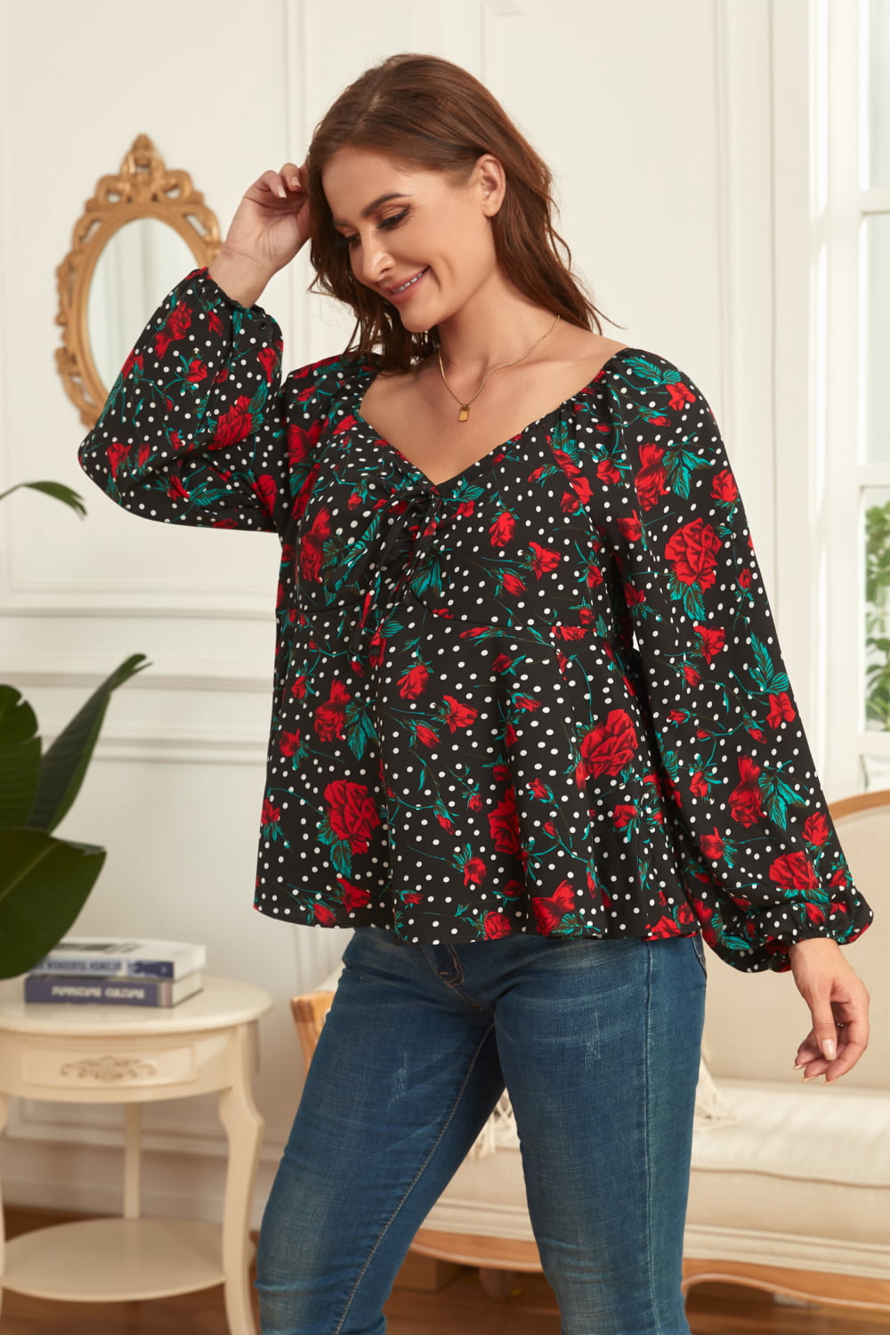 Plus Size Floral Balloon Sleeve Blouse