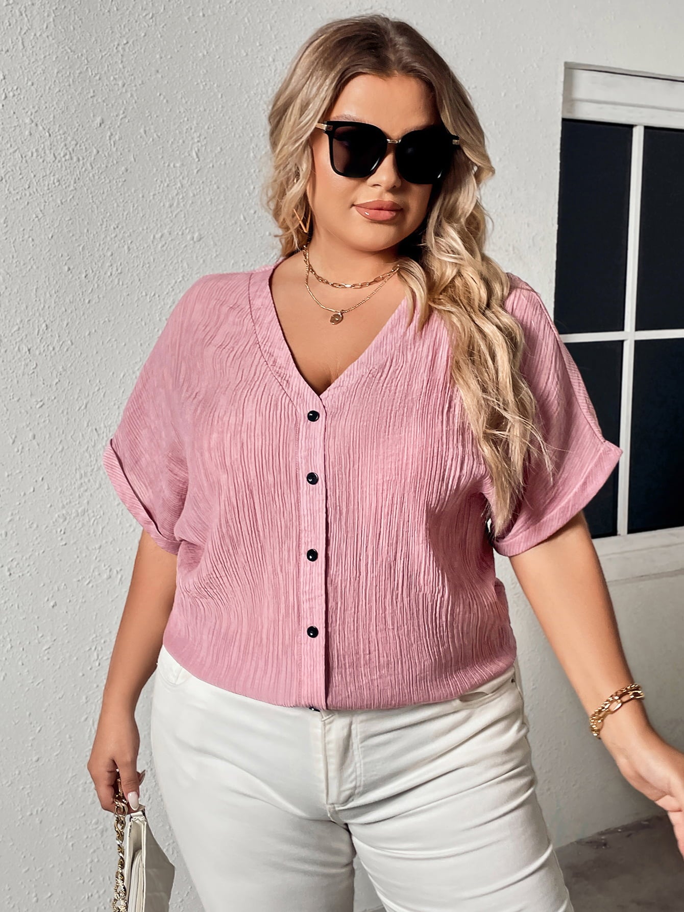 Plus Size Buttoned V-Neck Short Sleeve Blouse