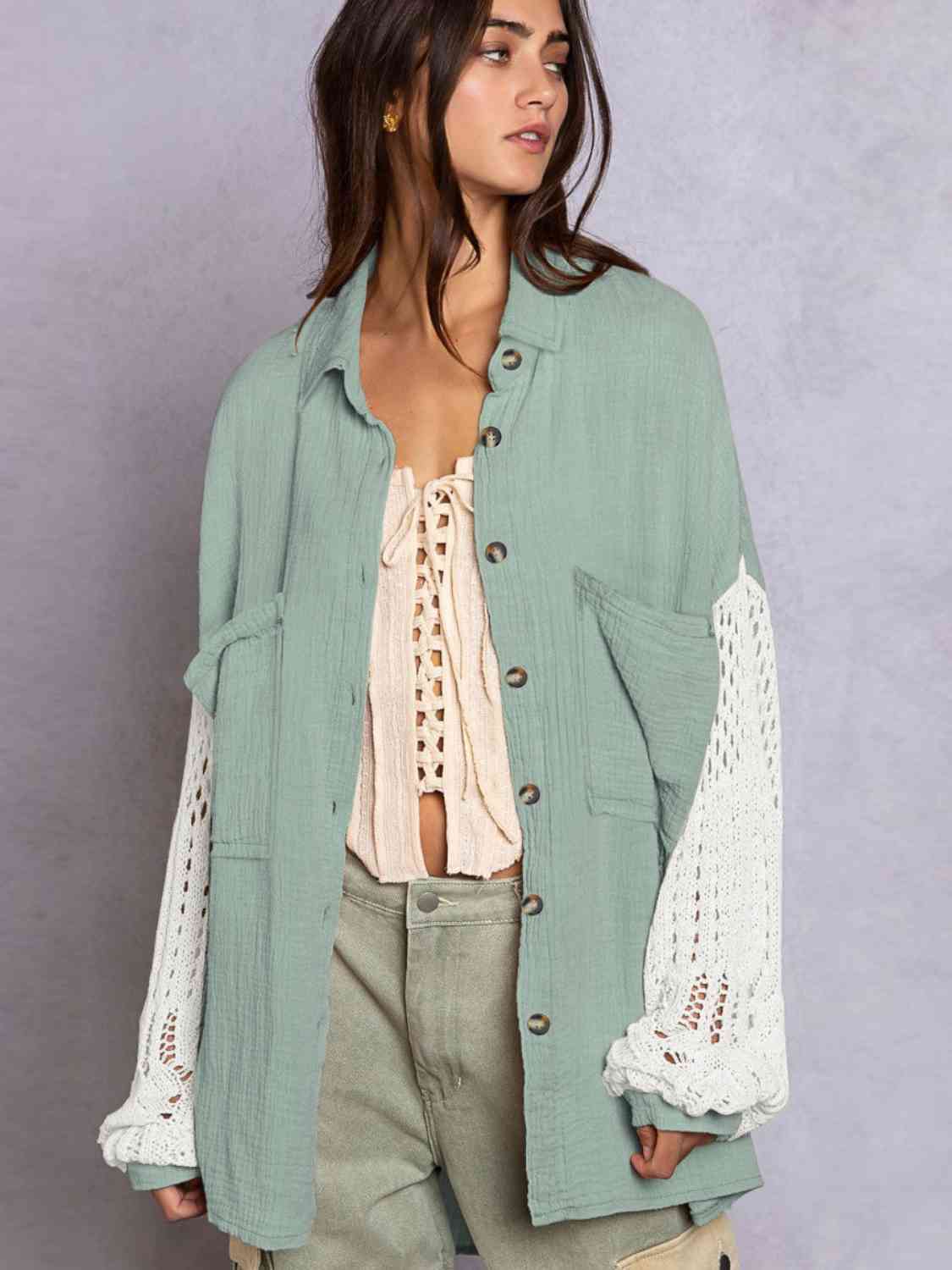 Openwork Collared Neck Button Front Shirt