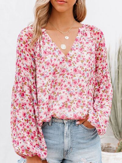 Floral Notched Balloon Sleeve Blouse