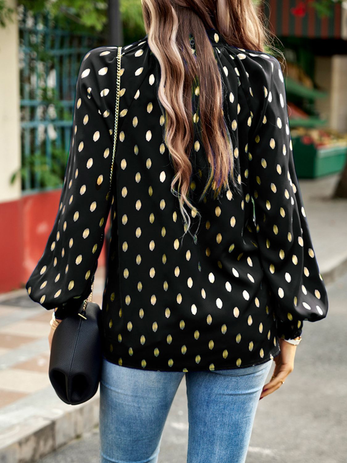 Mock Neck Cutout Lantern Sleeve Blouse