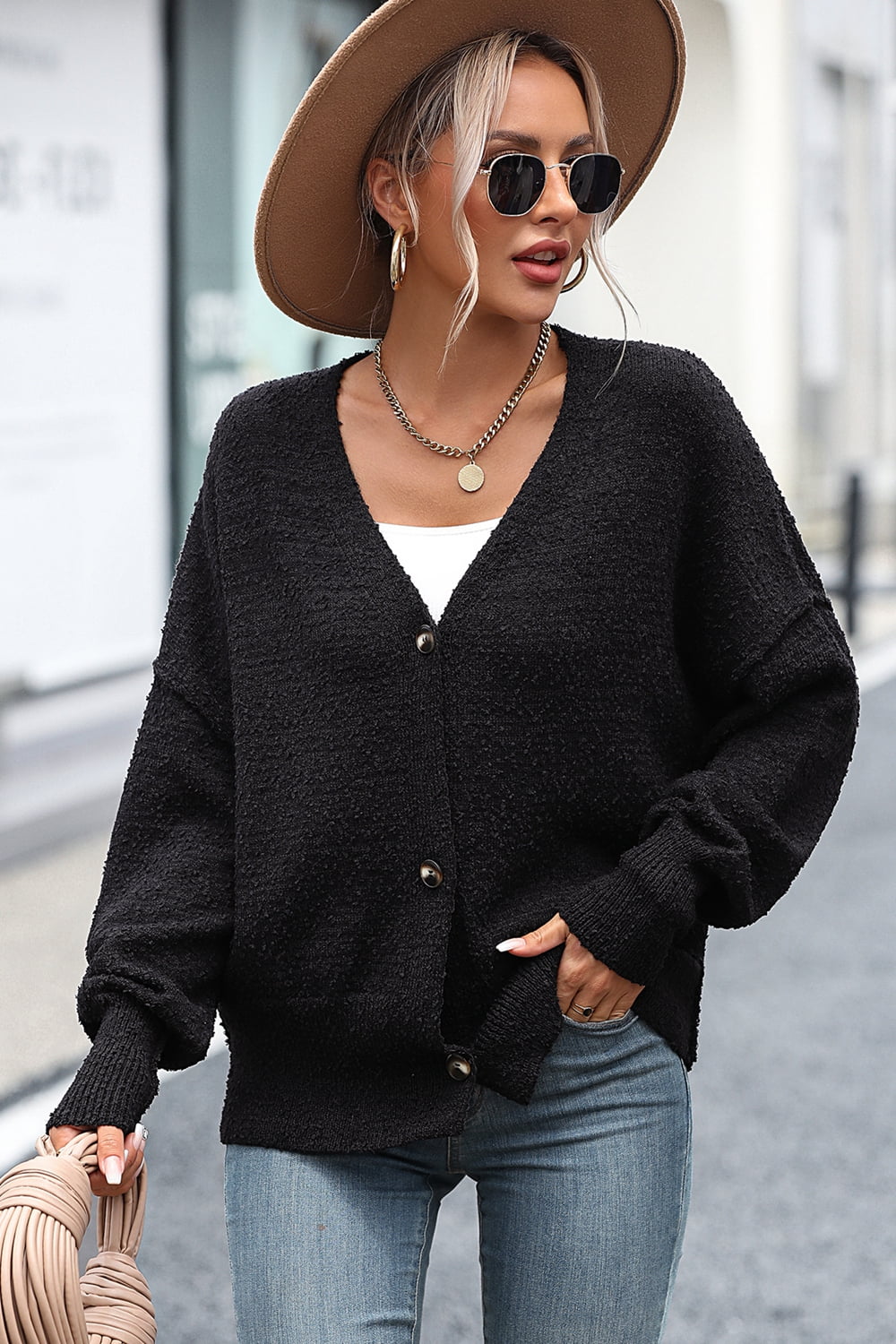 Button-Up Dropped Shoulder Cardigan