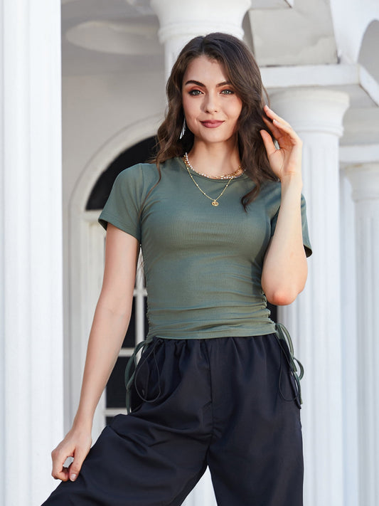 Round Neck Short Sleeve Side Drawstring Tee