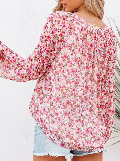 Floral Notched Balloon Sleeve Blouse