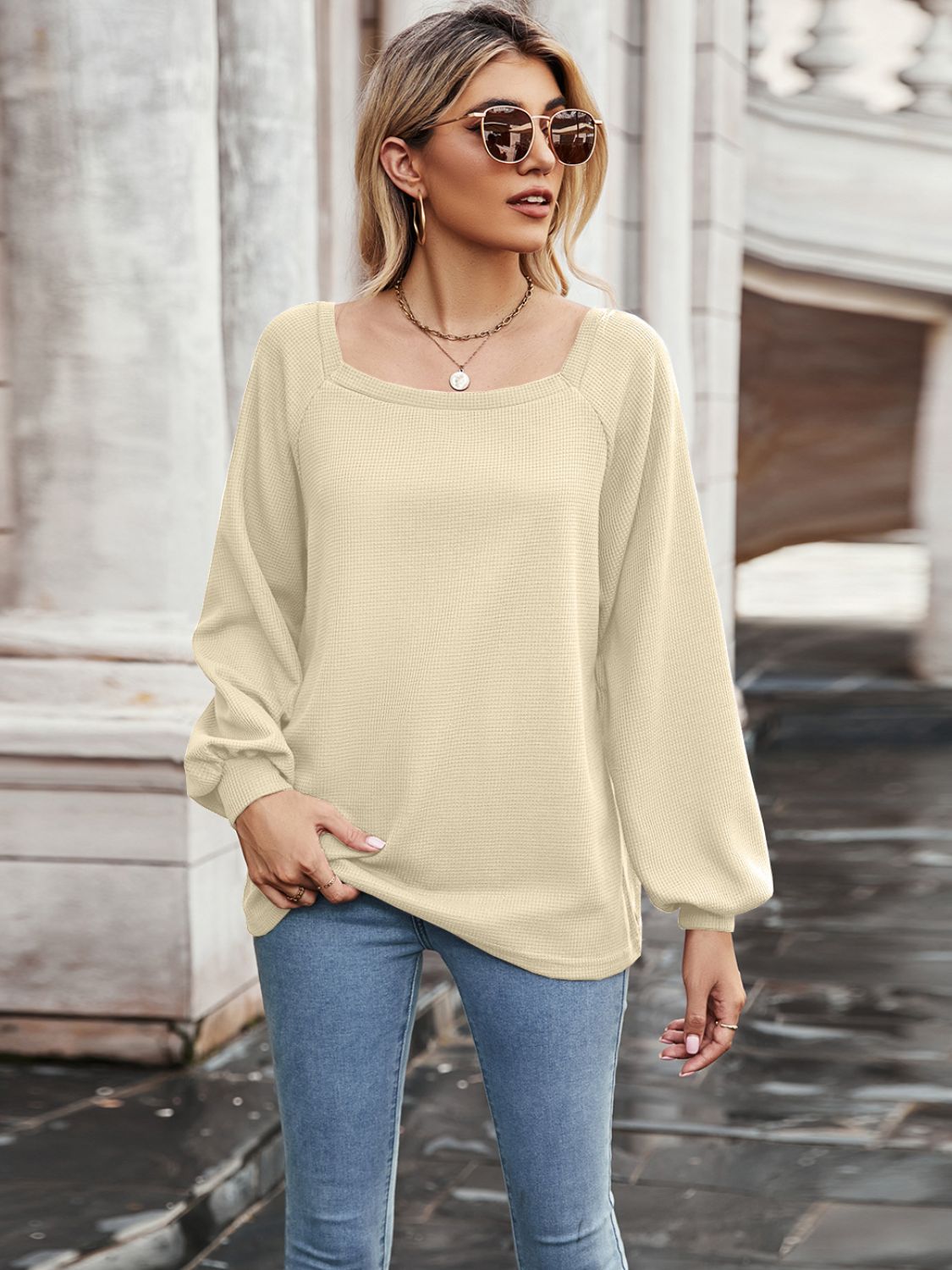 Waffle-knit Square Neck Raglan Sleeve Tee