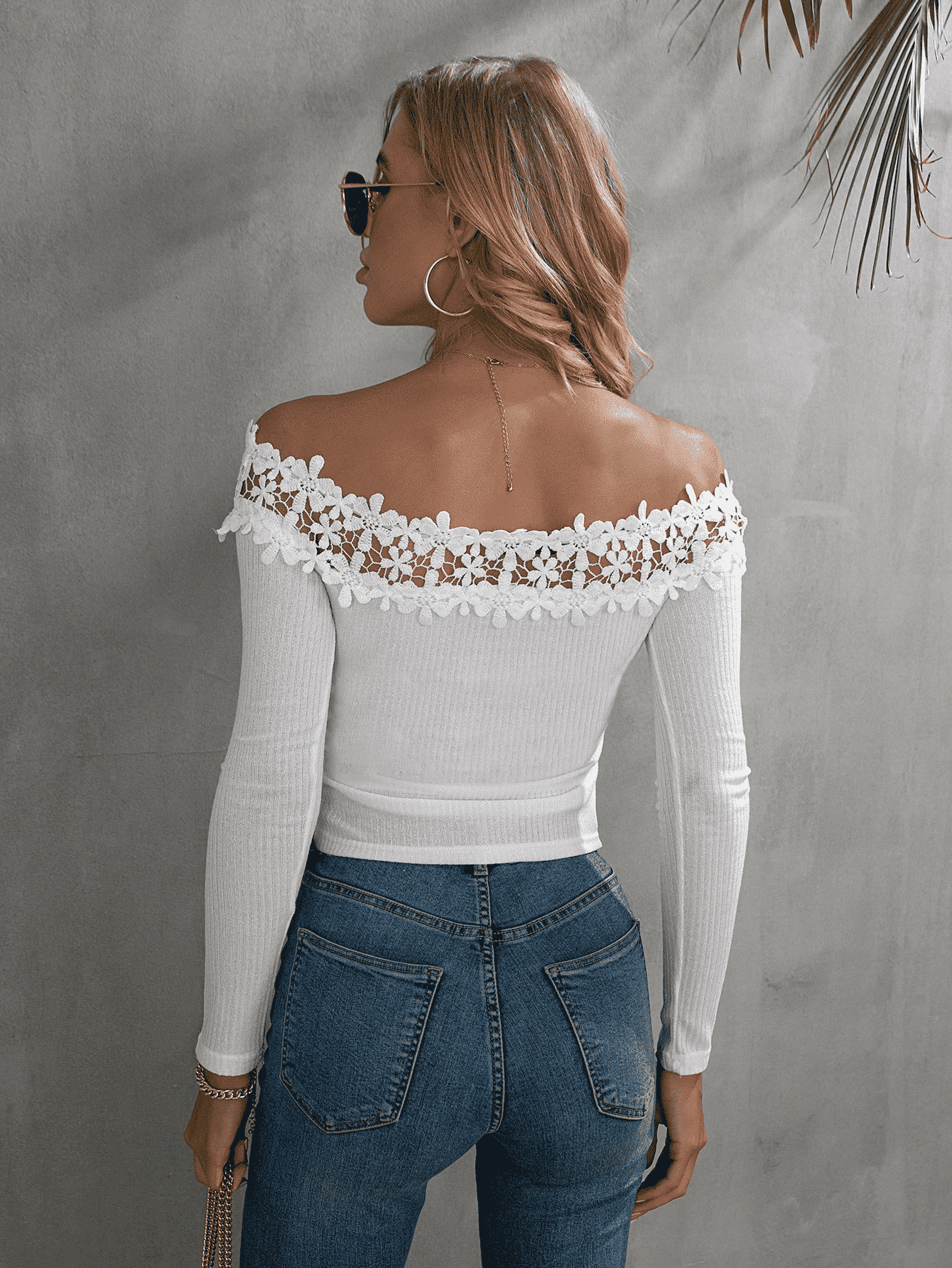 Off-Shoulder Lace Trim Ribbed Tee