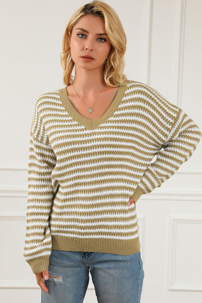 Striped V-Neck Dropped Shoulder Sweater