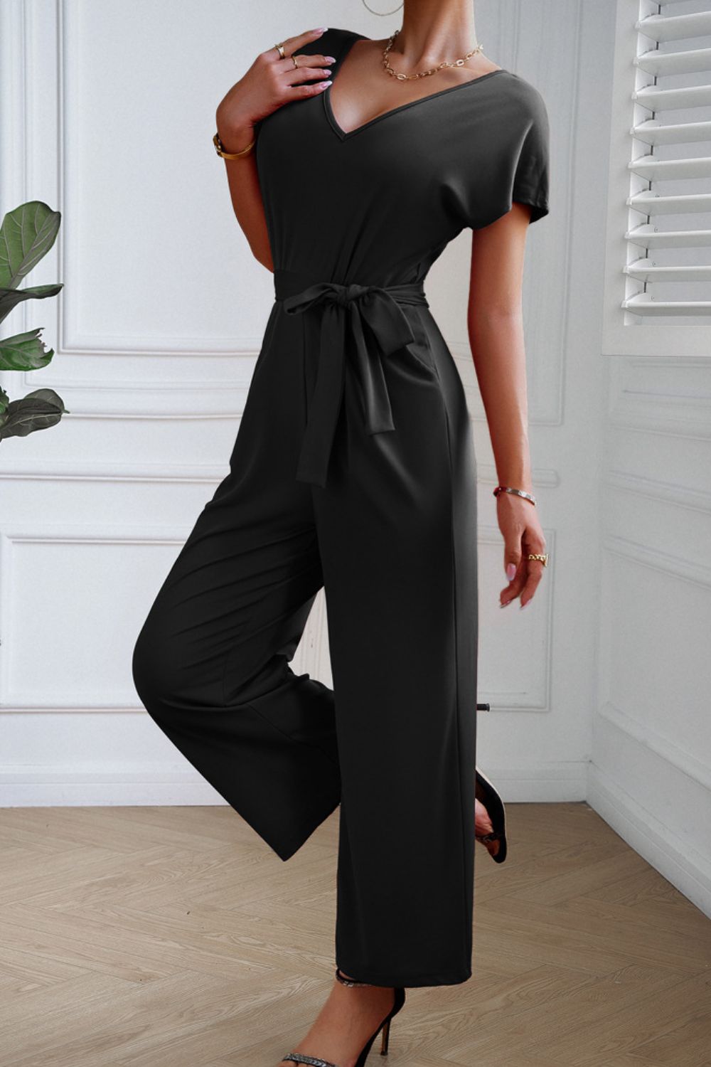 Tie Waist V-Neck Short Sleeve Jumpsuit