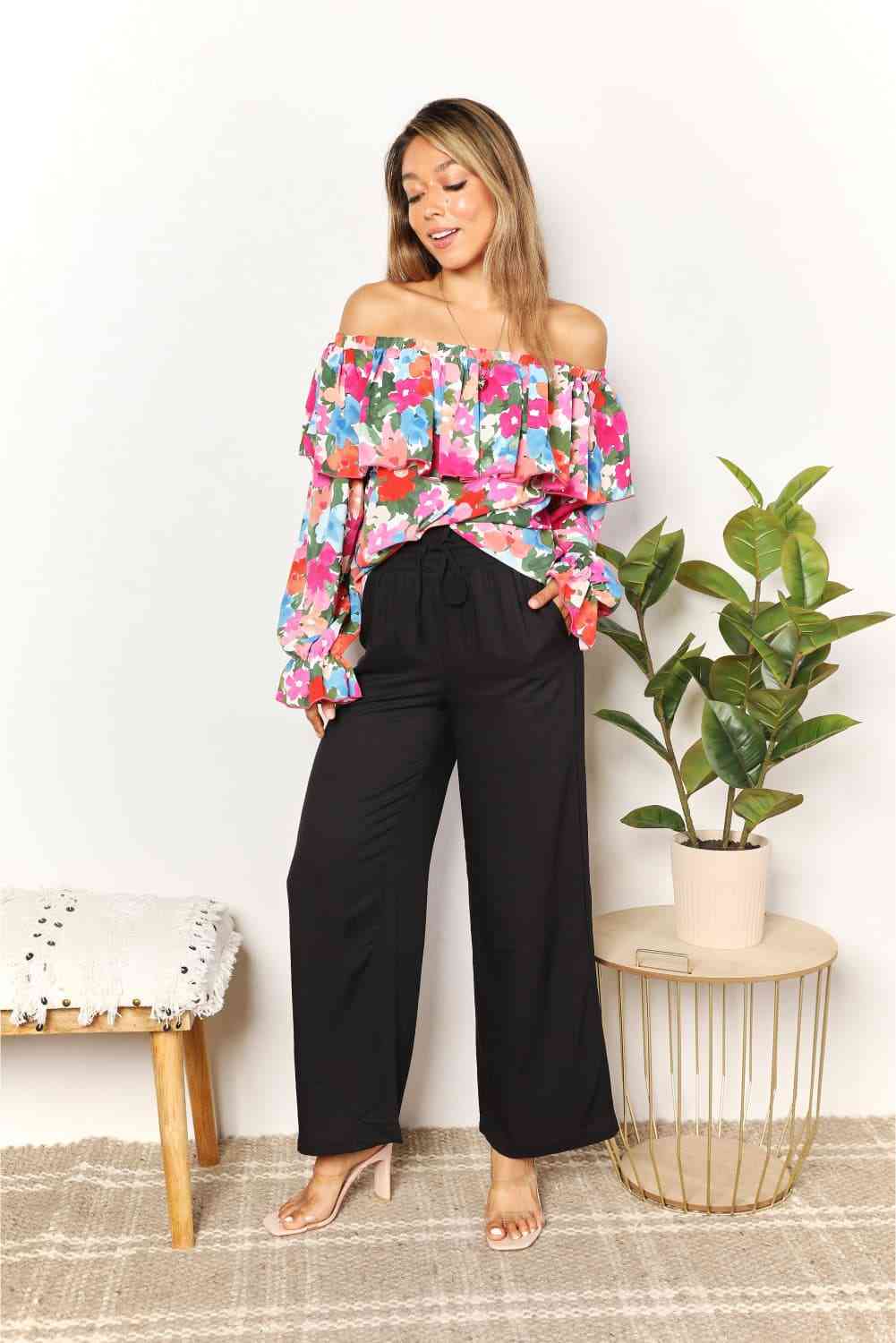 Double Take Floral Off-Shoulder Flounce Sleeve Layered Blouse