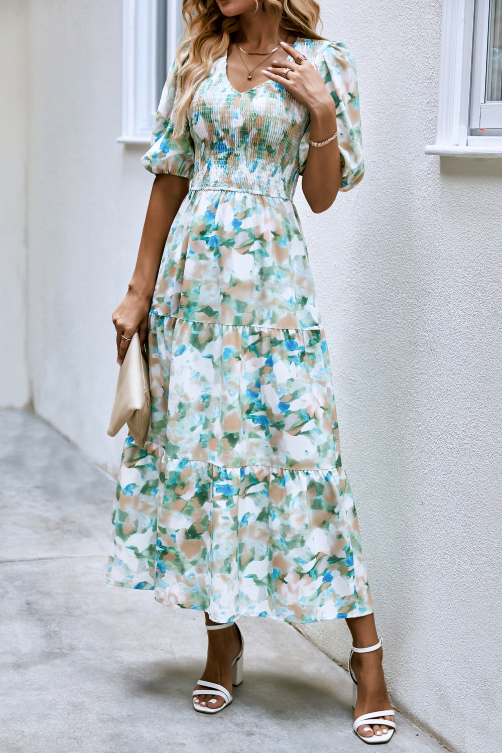 V-Neck Balloon Sleeve Smocked Midi Dress