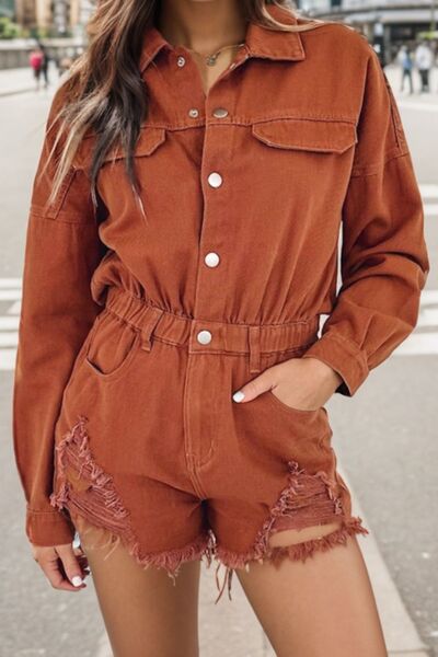 Distressed Raw Hem Snap Down Romper