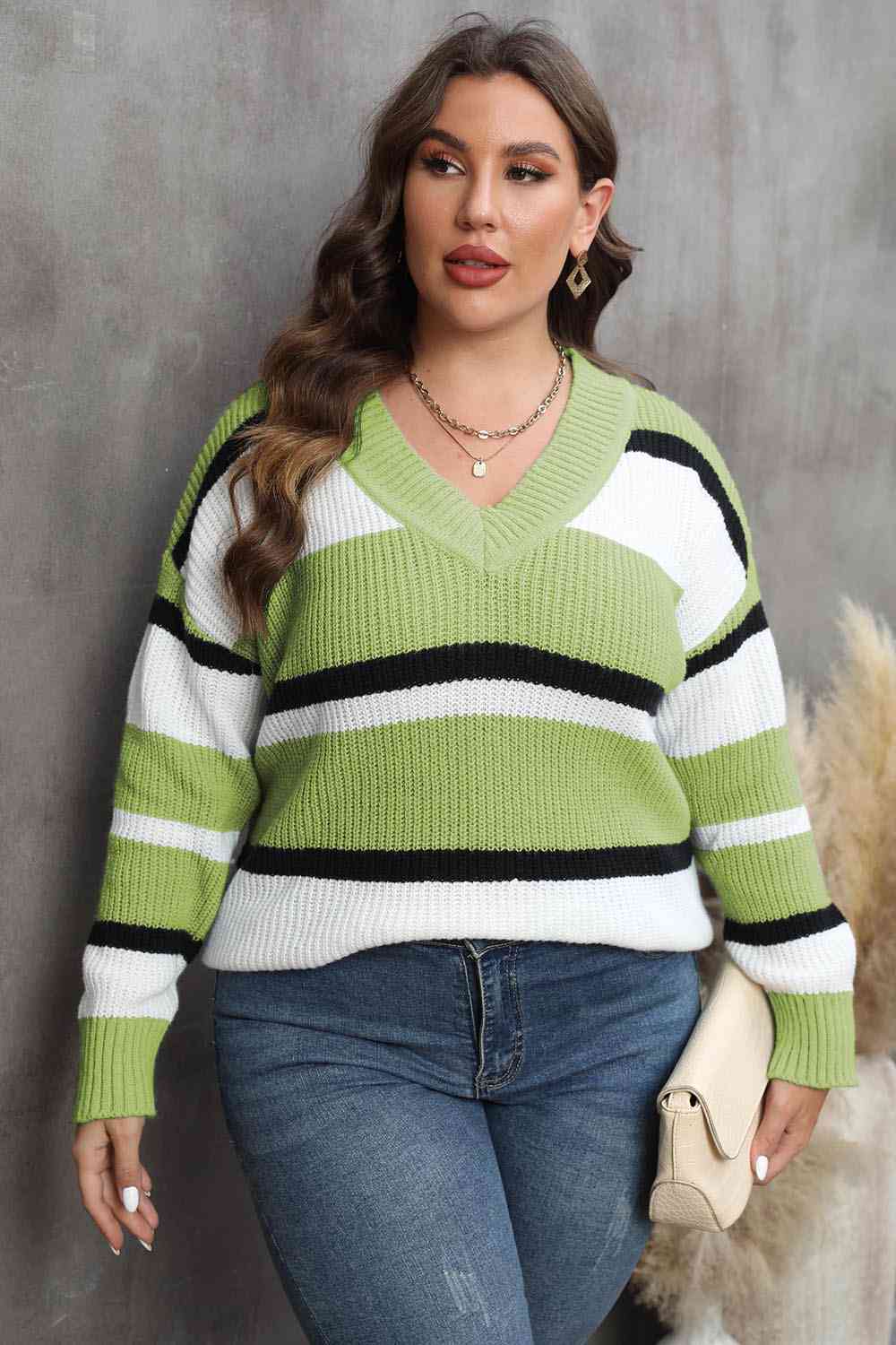 Plus Size Striped V-Neck Dropped Shoulder Sweater