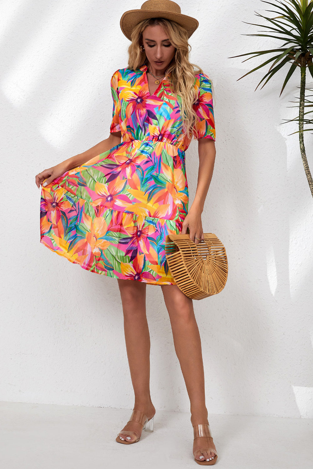 Floral Notched Neck Short Sleeve Dress