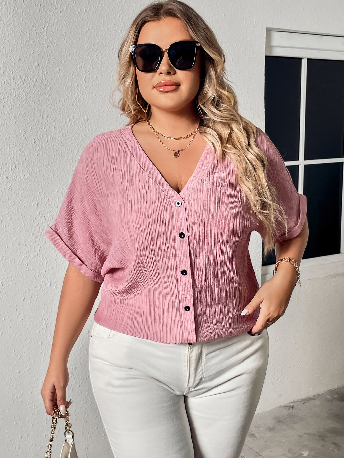 Plus Size Buttoned V-Neck Short Sleeve Blouse