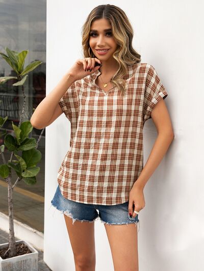 Plaid Notched Short Sleeve Blouse