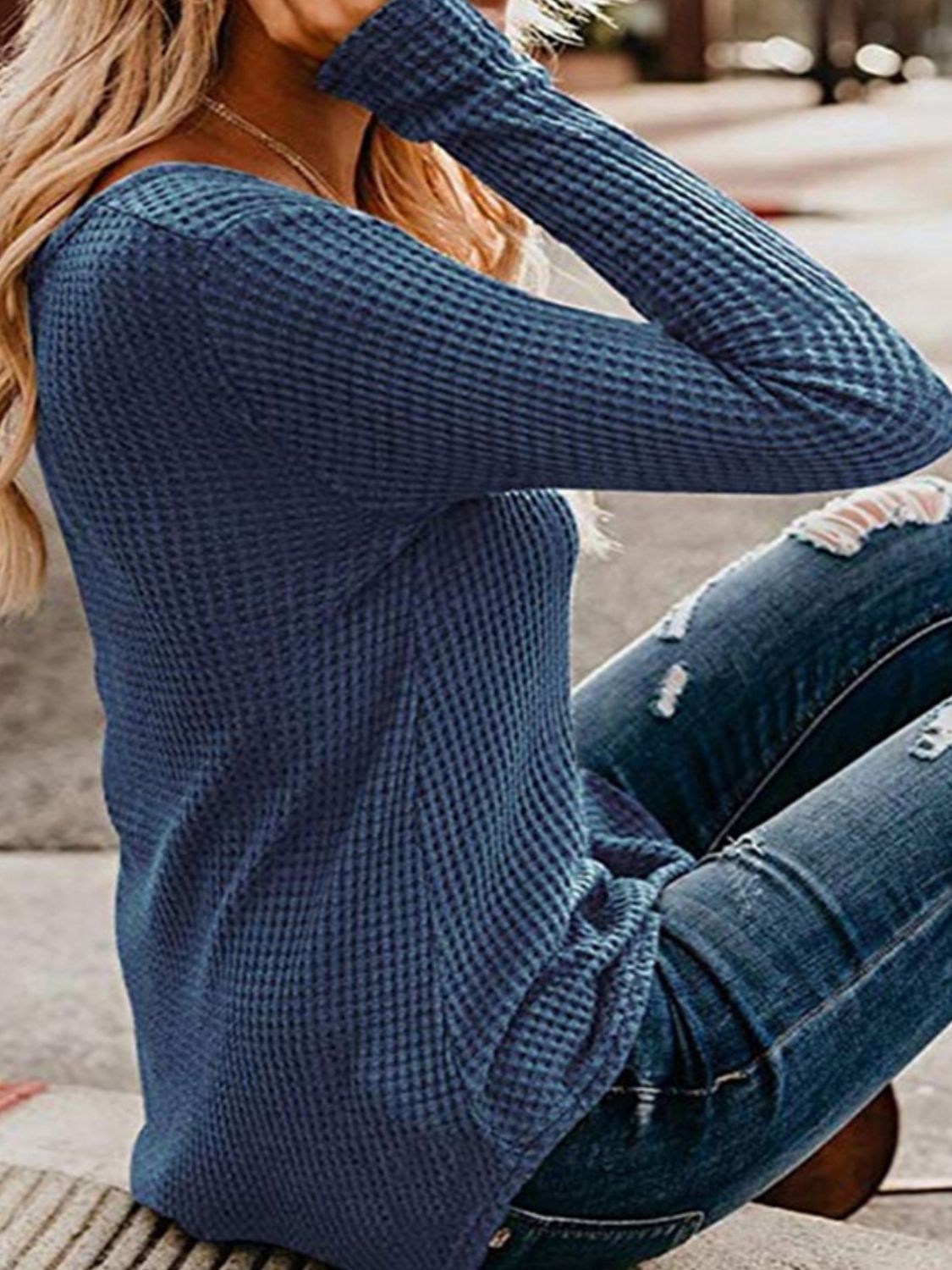 Waffle-Knit V-Neck Top