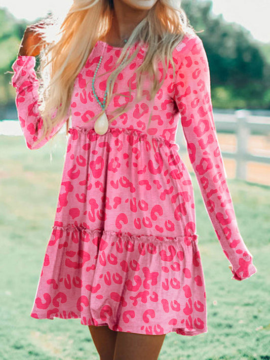 Printed Round Neck Long Sleeve Dress