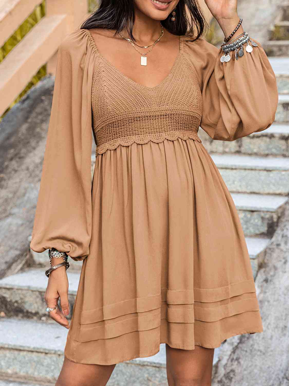 Crochet V-Neck Balloon Sleeve Dress