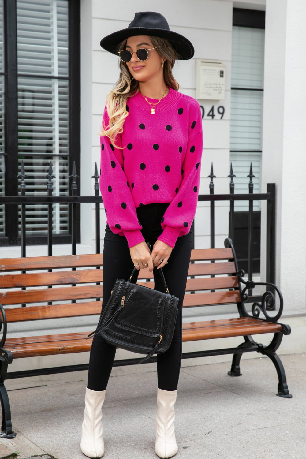 Polka Dot Round Neck Dropped Shoulder Sweater