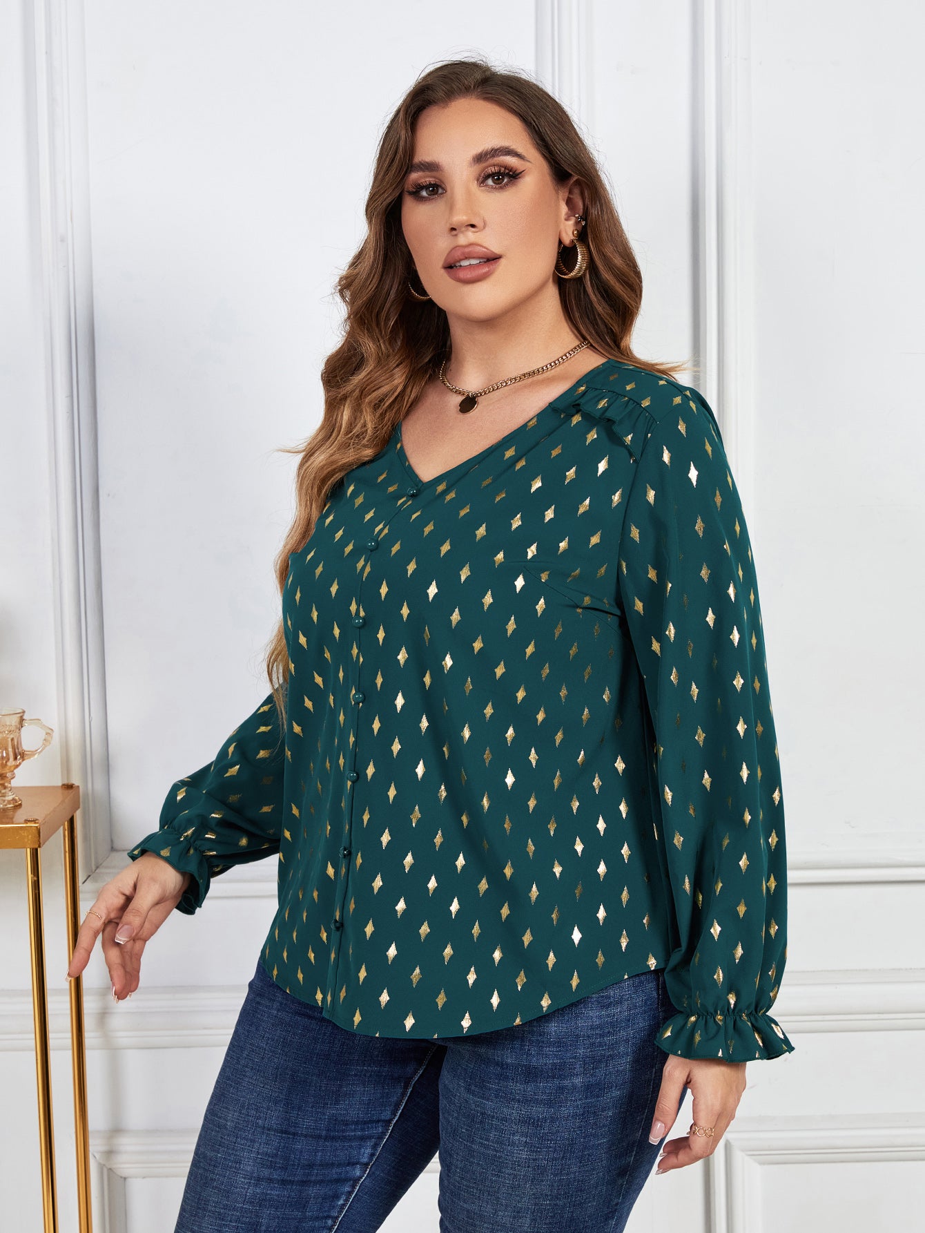 Plus Size Printed Frill Trim Flounce Sleeve Blouse