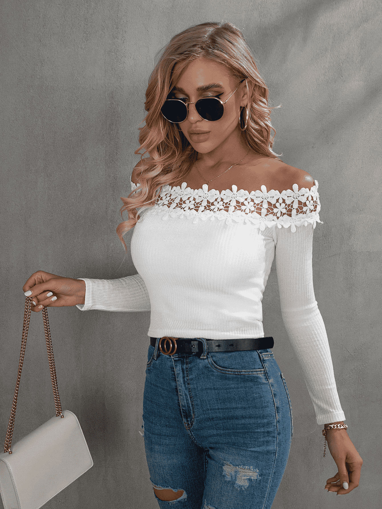 Off-Shoulder Lace Trim Ribbed Tee