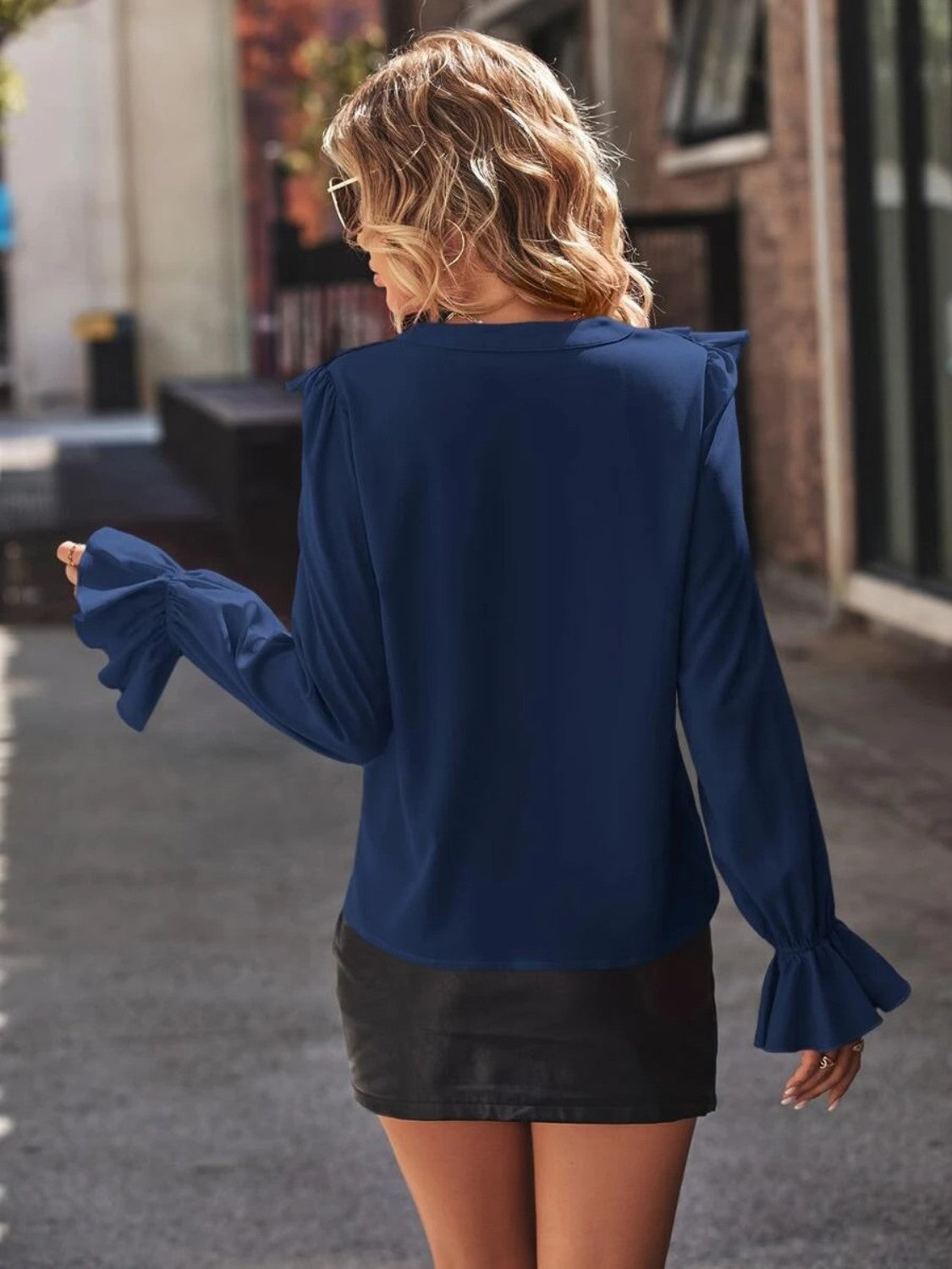 Ruffled V-Neck Flounce Sleeve Shirt