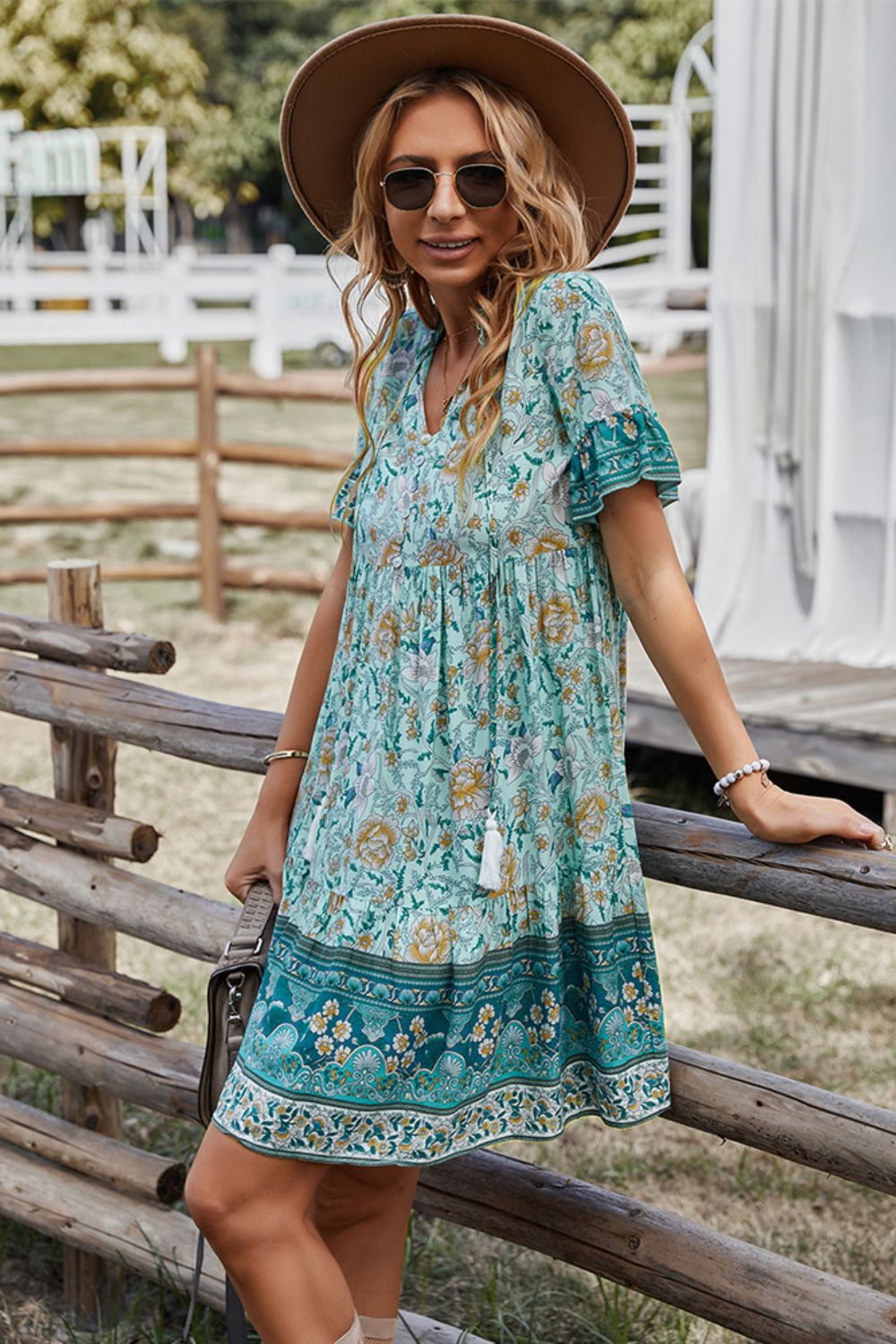 Printed Bohemian Style Tie Neck Flounce Sleeve Mini Dress