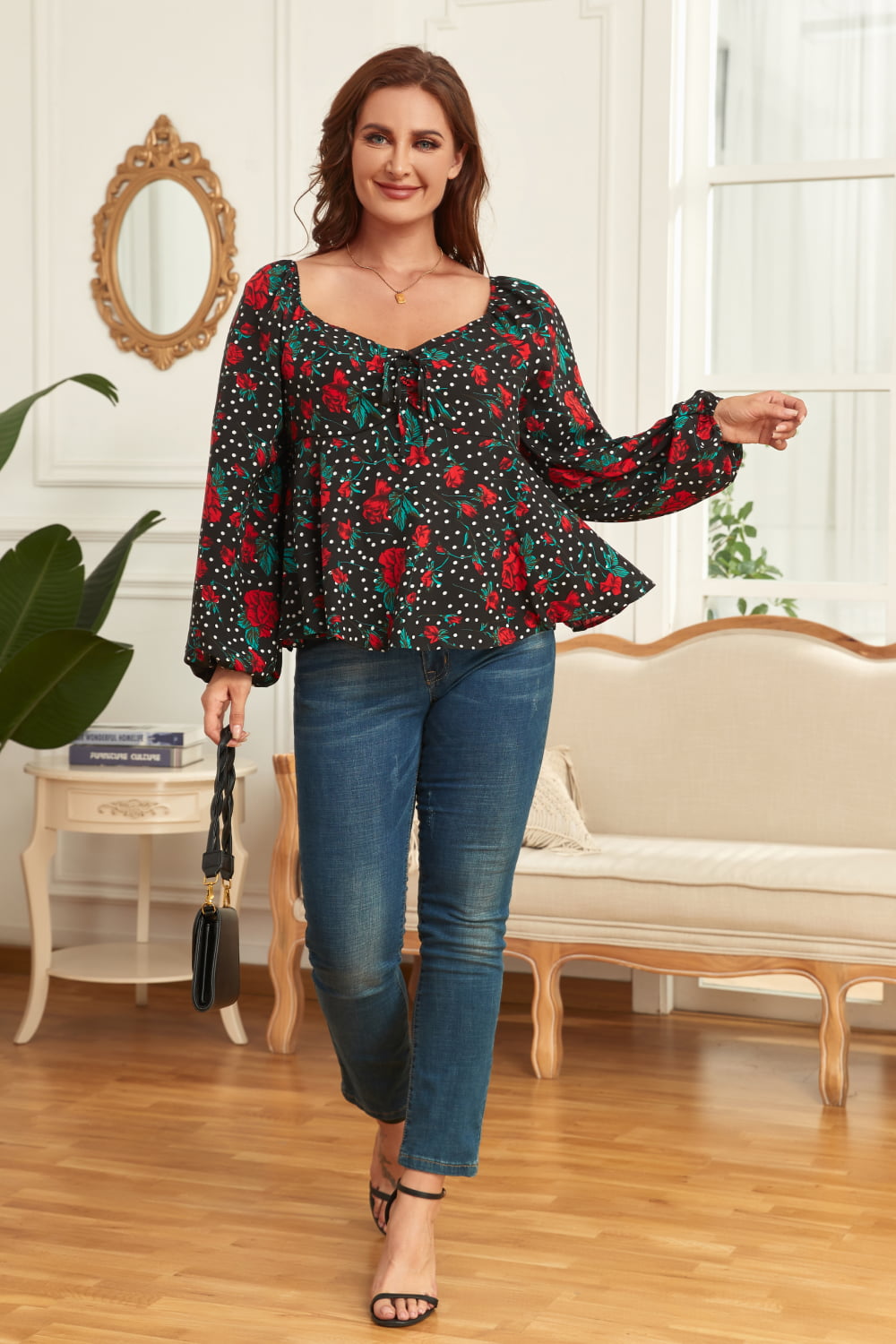 Plus Size Floral Balloon Sleeve Blouse