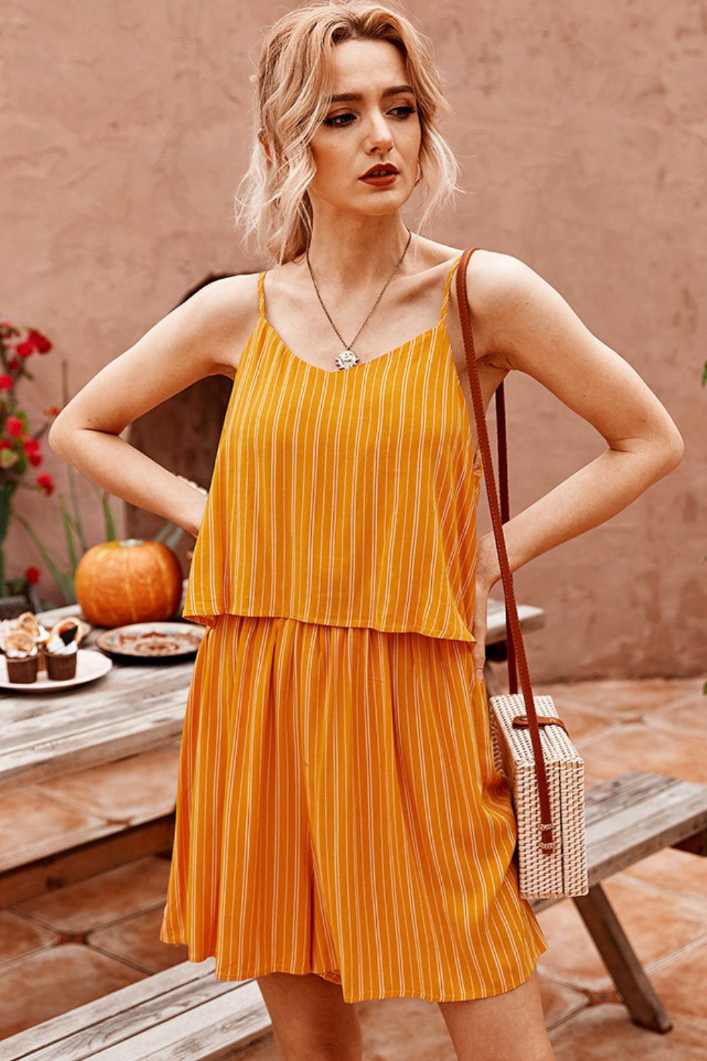 Striped Spaghetti Strap V-Neck Romper