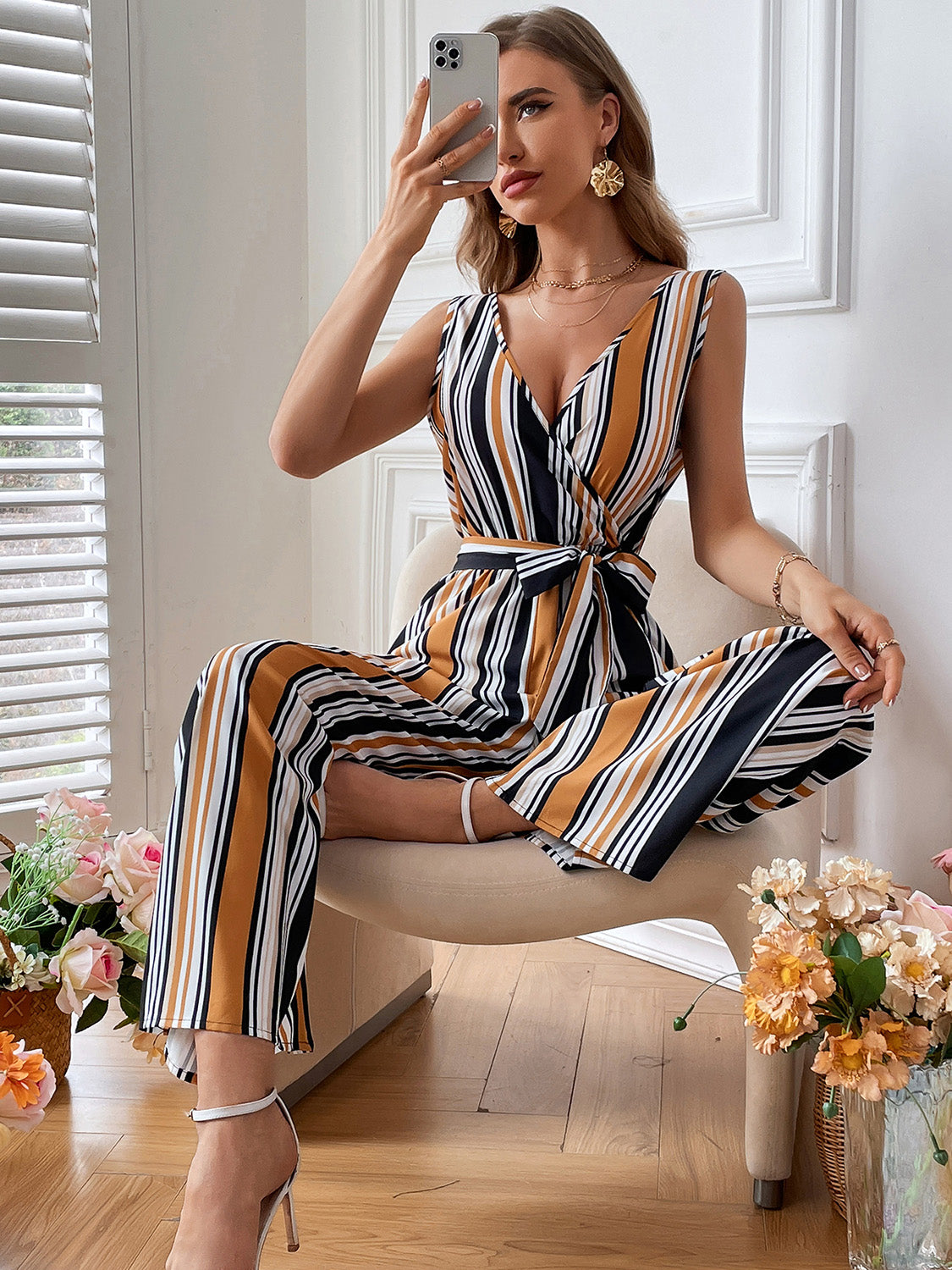 Striped Surplice Neck Sleeveless Wide Leg Jumpsuit