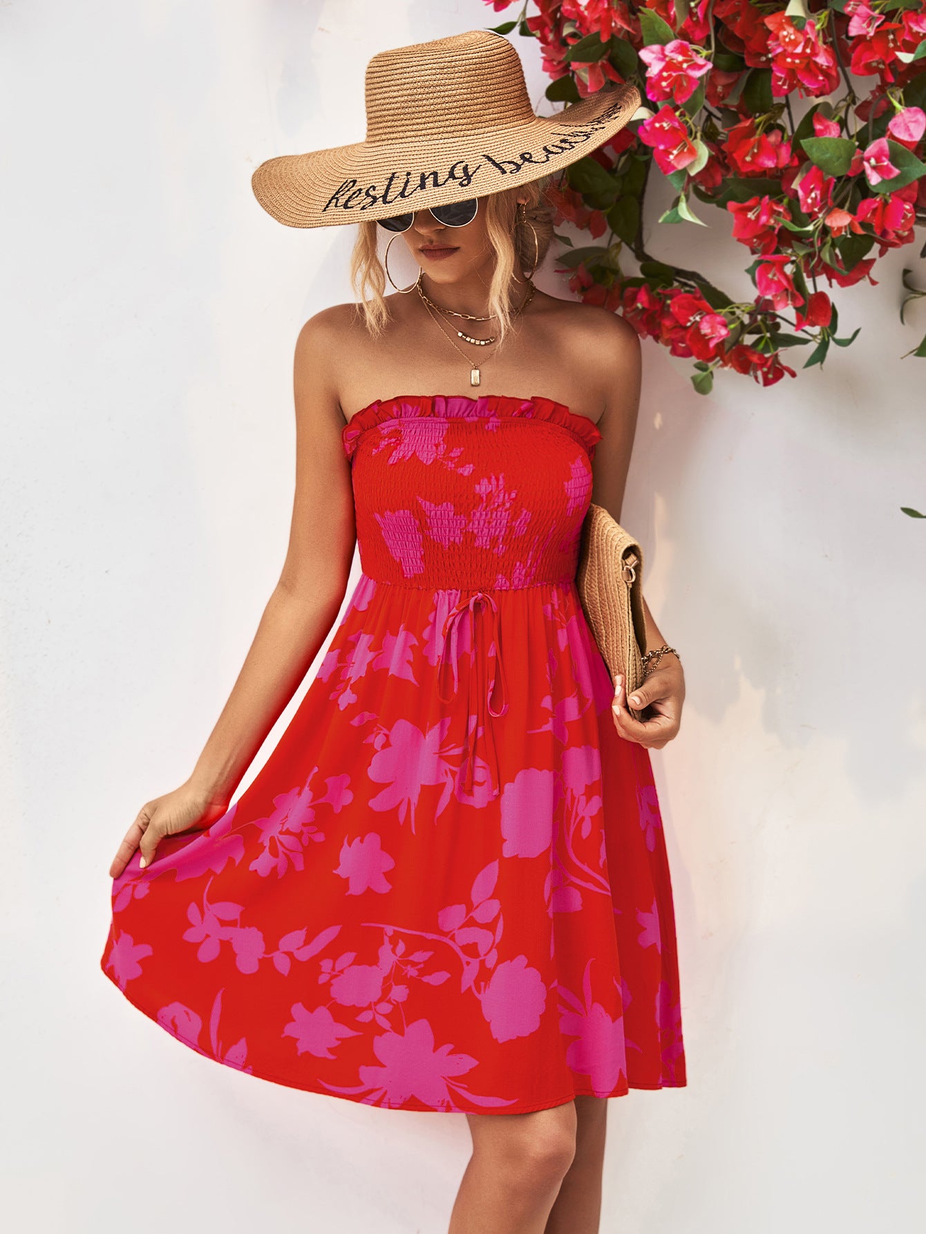 Floral Frill Trim Strapless Smocked Dress