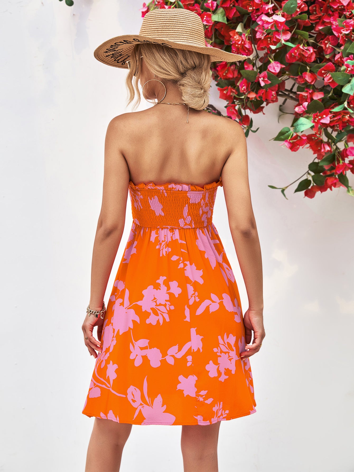 Floral Frill Trim Strapless Smocked Dress