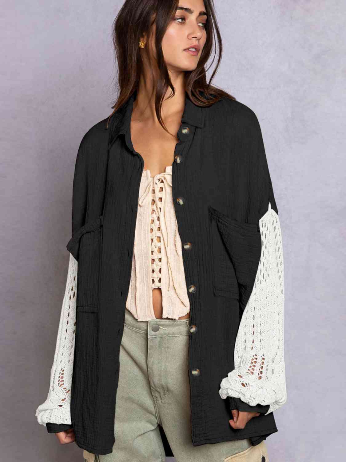 Openwork Collared Neck Button Front Shirt