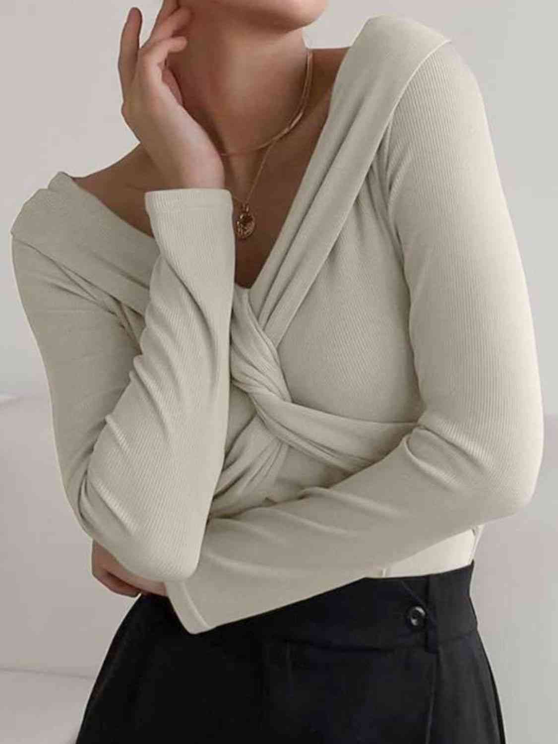 V-Neck Twisted Long Sleeve Knit Top