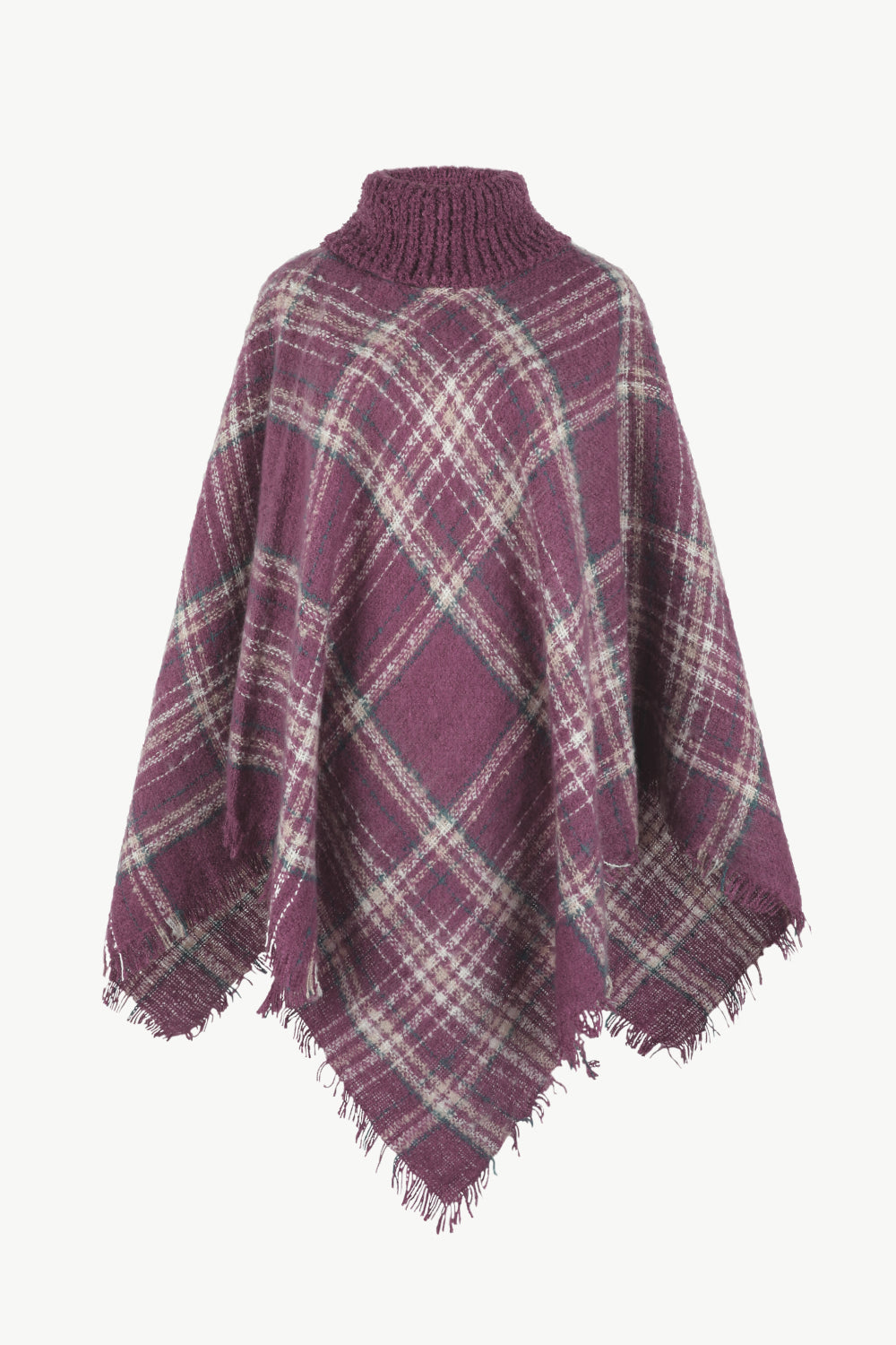 Plaid Turtleneck Fringe Hem Poncho