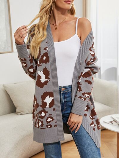 Leopard Open Front Dropped Shoulder Cardigan