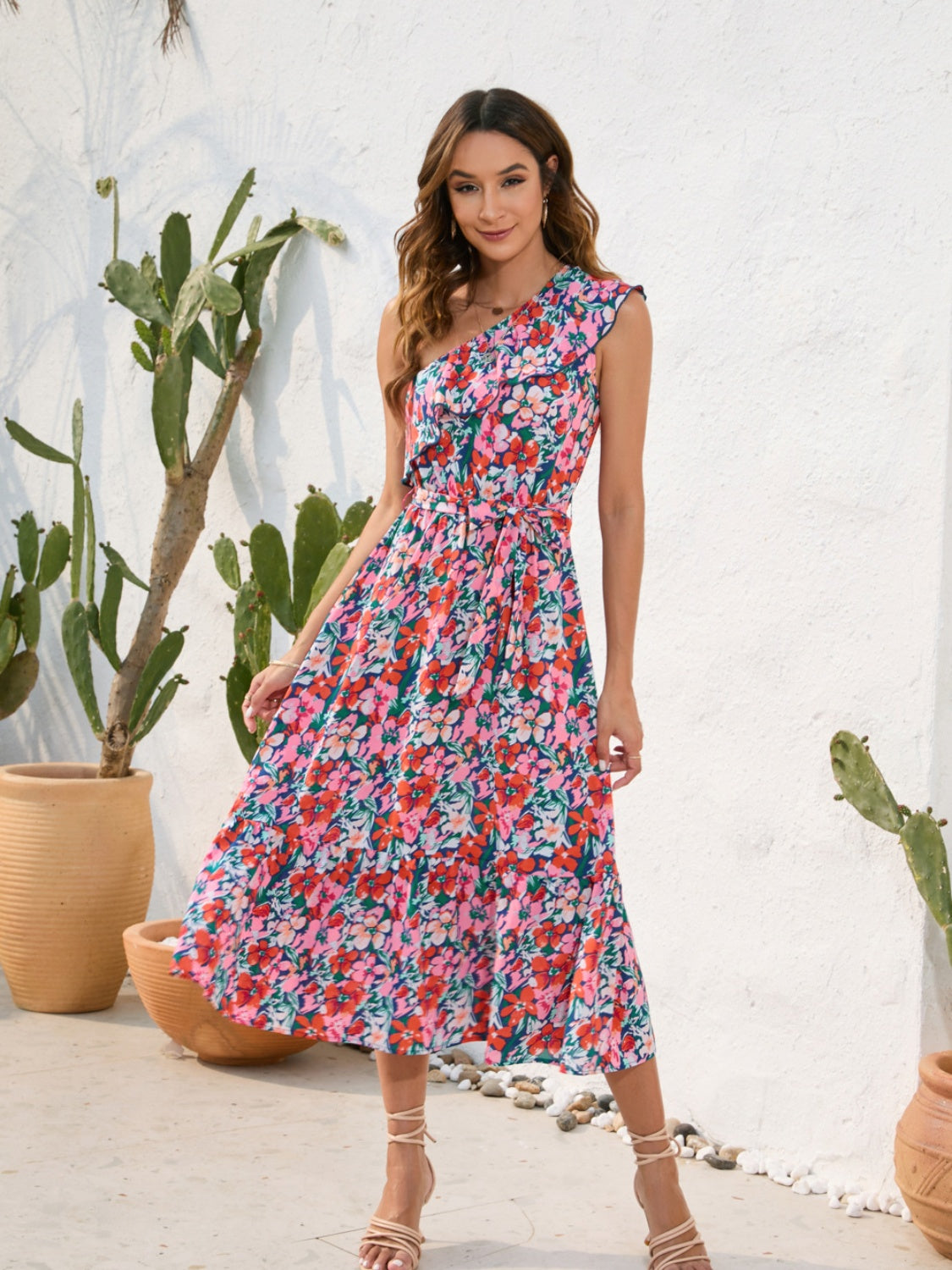 Ruffled Printed One Shoulder Midi Dress