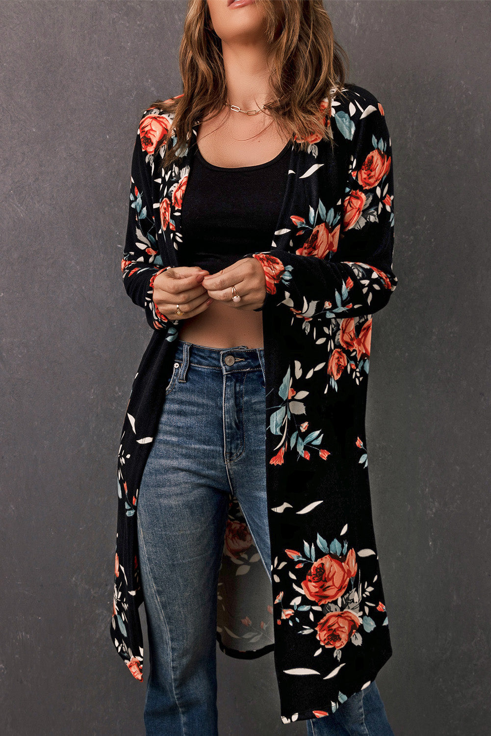 Printed Open Front Longline Cardigan