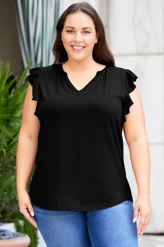 Plus Size Flutter Sleeve Notched Blouse