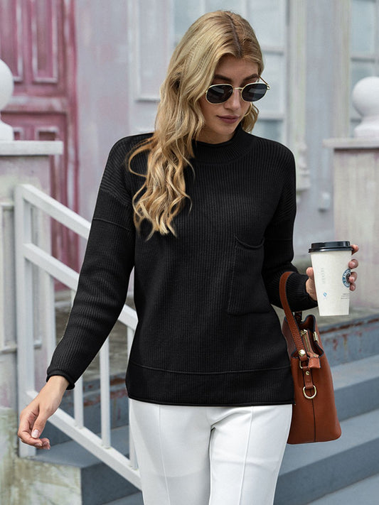 Round Neck Dropped Shoulder Sweater with Pocket