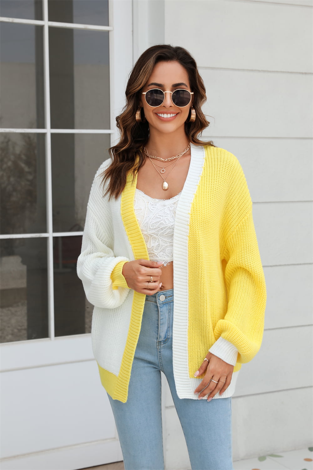 Open Front Contrast Color Balloon Sleeve Cardigan