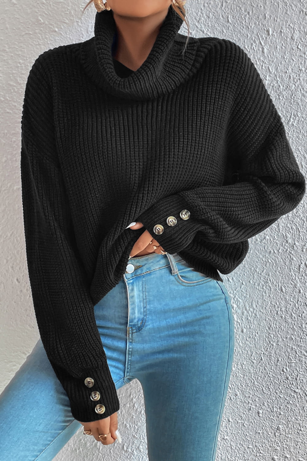 Decorative Button Turtleneck Dropped Shoulder Sweater